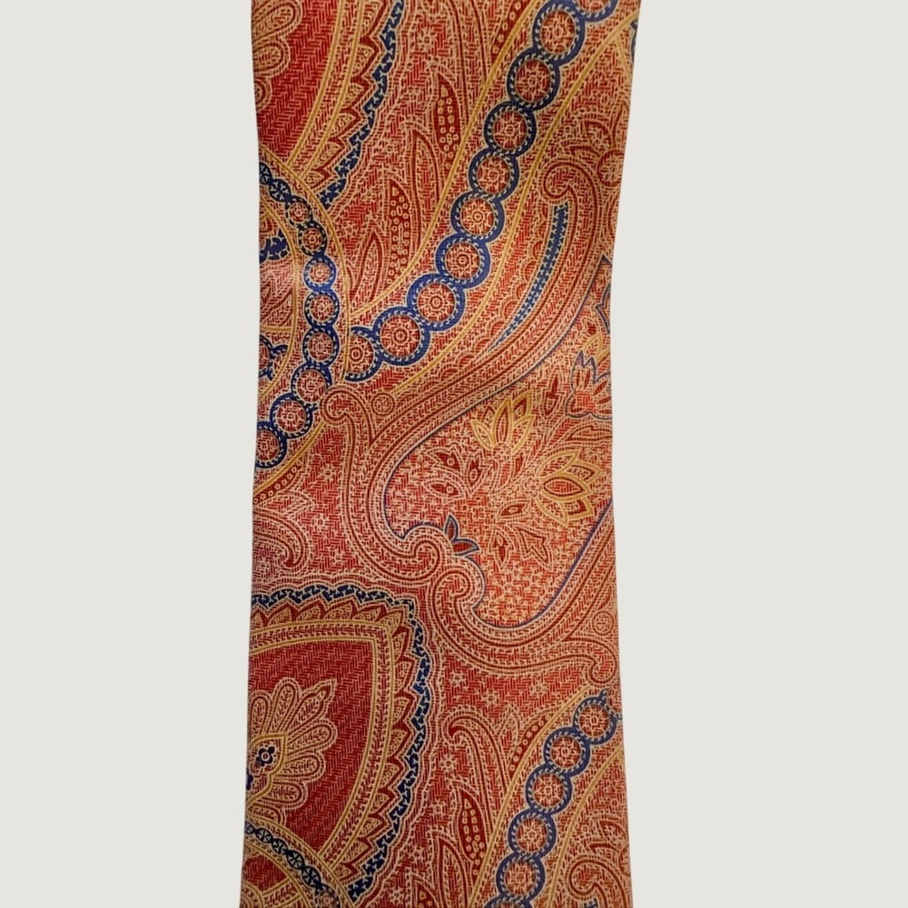 100% Silk Men's Paul Fredrick Orange, Apricot, Blue & Gold Paisley Brocade Tie - Picture 3 of 7